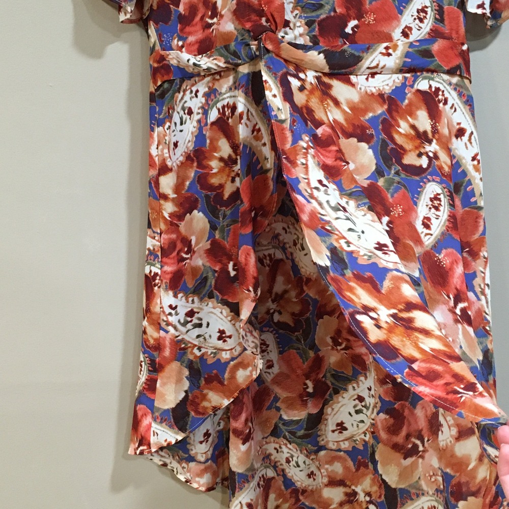 Cato Floral Paisley Asymmetrical Hem Wrap Dress Women L Orange Fairy Resort Boho - Picture 3 of 10